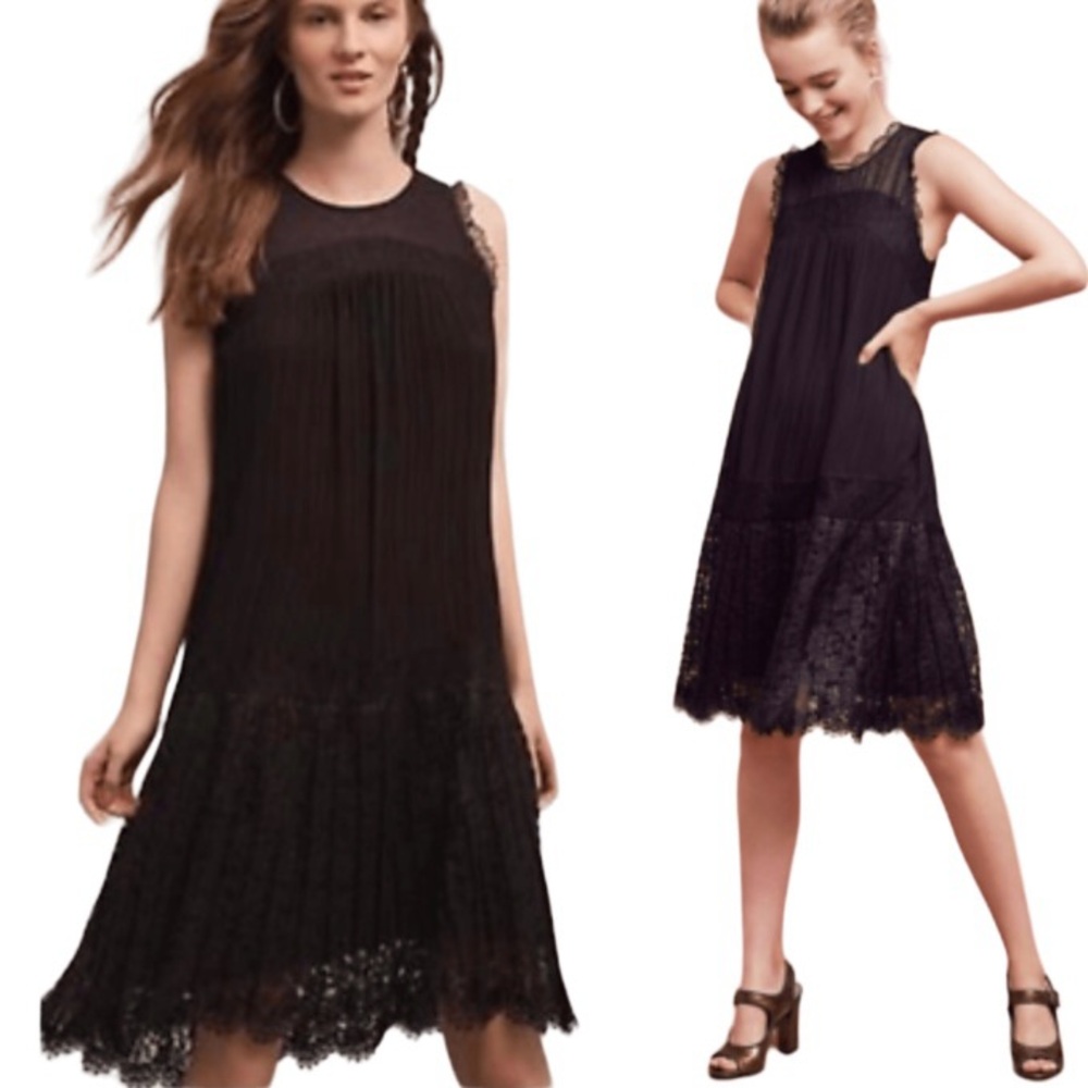 Whimsigoth Anthropologie Black Lace Dress Drop Waist Pleated Floreat